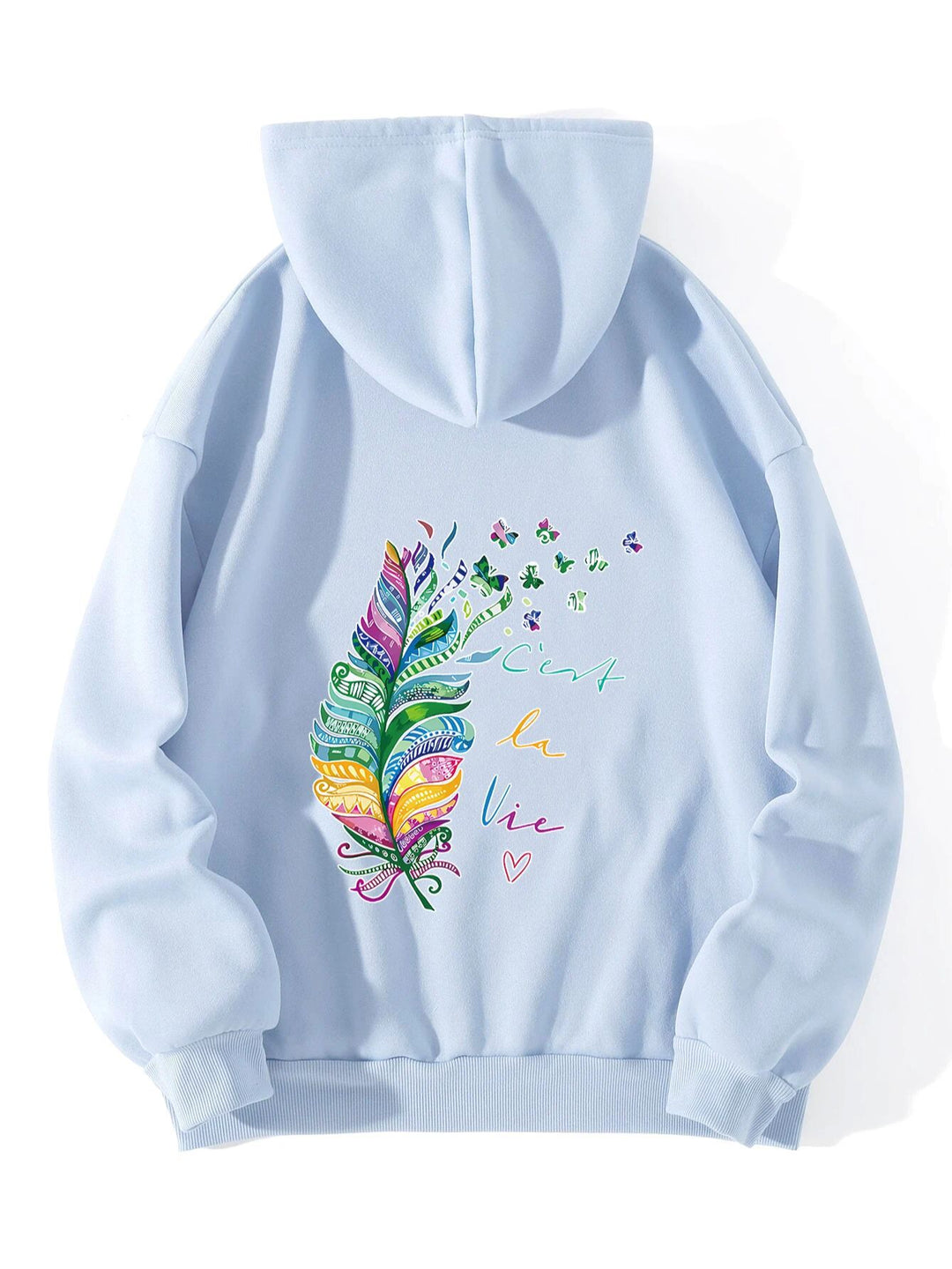 Damen lässiger Kapuzenpullover mit buntem Federdesign und inspirierendem Schriftzug Drune