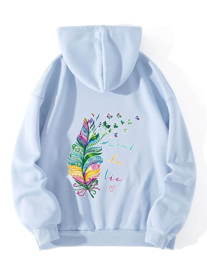Damen lässiger Kapuzenpullover mit buntem Federdesign und inspirierendem Schriftzug Drune