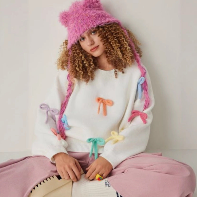 Damen kreative Strickpullover mit bunten Applikationen Drune