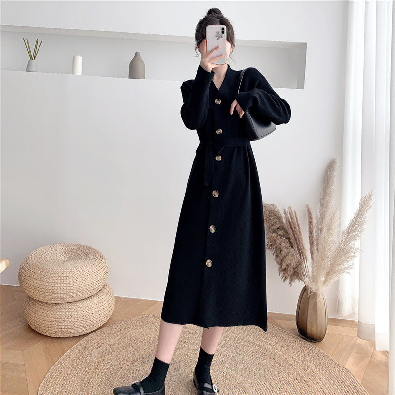 Damen elegantes Strickkleid mit Gürtel und Knöpfen Drune