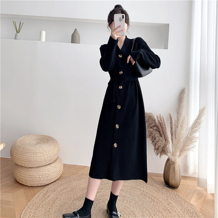 Damen elegantes Strickkleid mit Gürtel und Knöpfen Drune
