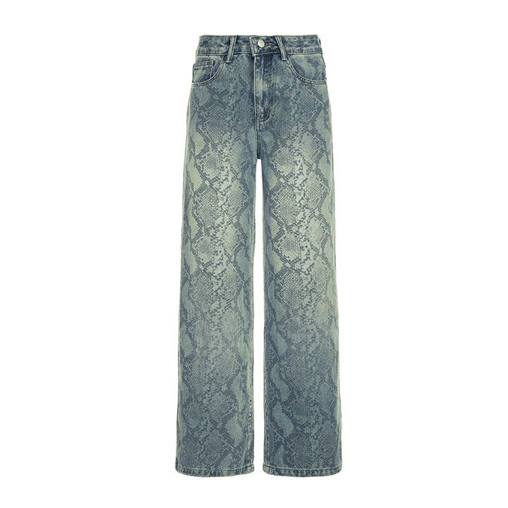 Damen nan hochgeschnittene Jeans mit Schlangenprint, weitem Bein und geradem Schnitt Drune
