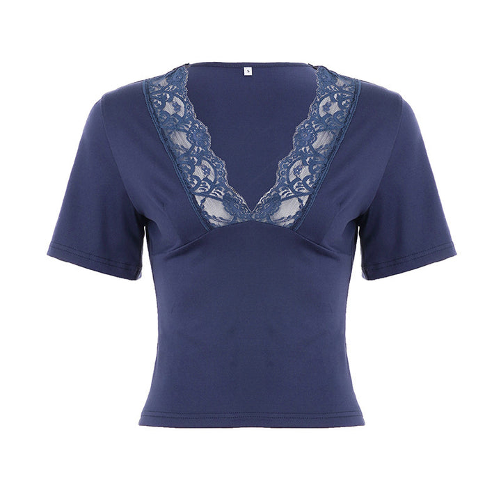 Damen Elegantes V-Ausschnitt Shirt mit Spitze Drune