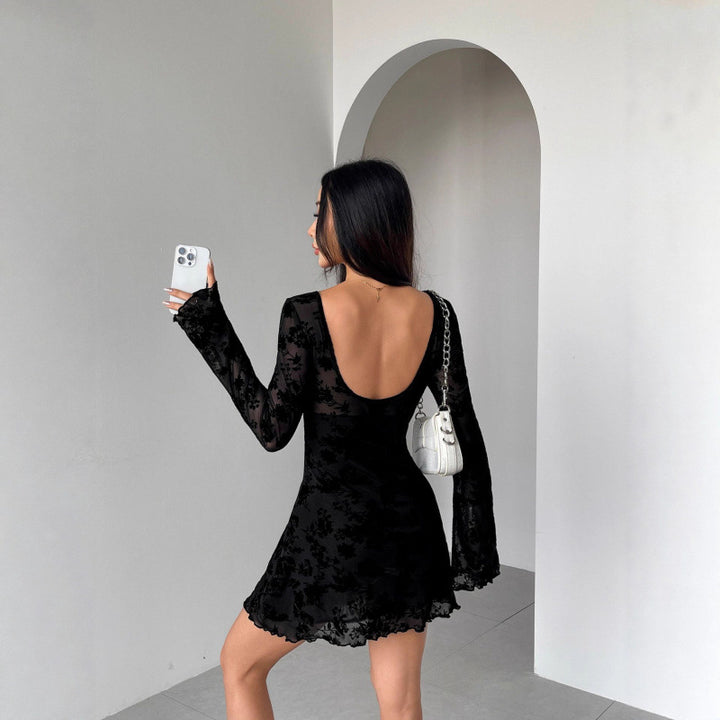 Damen Mini-Kleid mit floralem Stickdesign und transparenten Ärmeln Drune