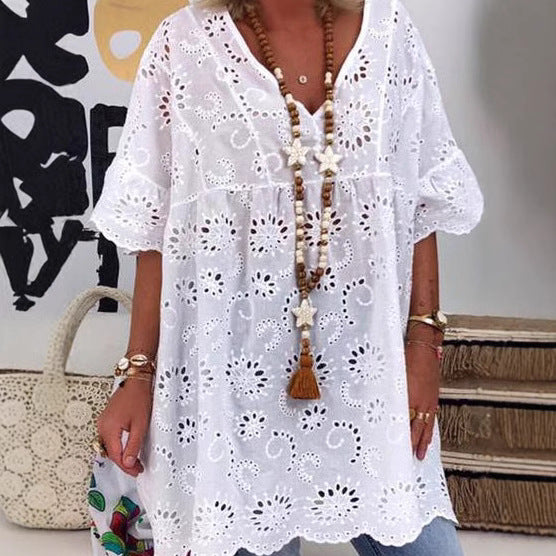 Damen Bluse mit floralen Stickereien und weiten Ärmeln Drune