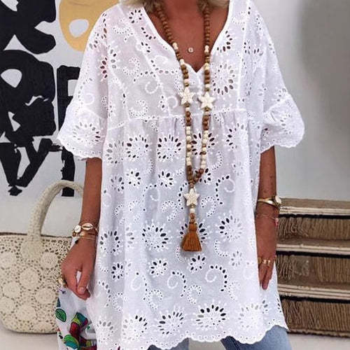 Damen Bluse mit floralen Stickereien und weiten Ärmeln Drune