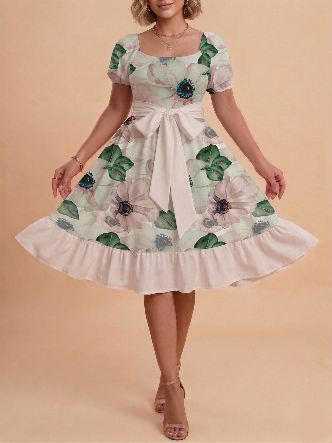 Damen Blumenkleid mit taillierbarem Gürtel und voluminösen Ärmeln Drune