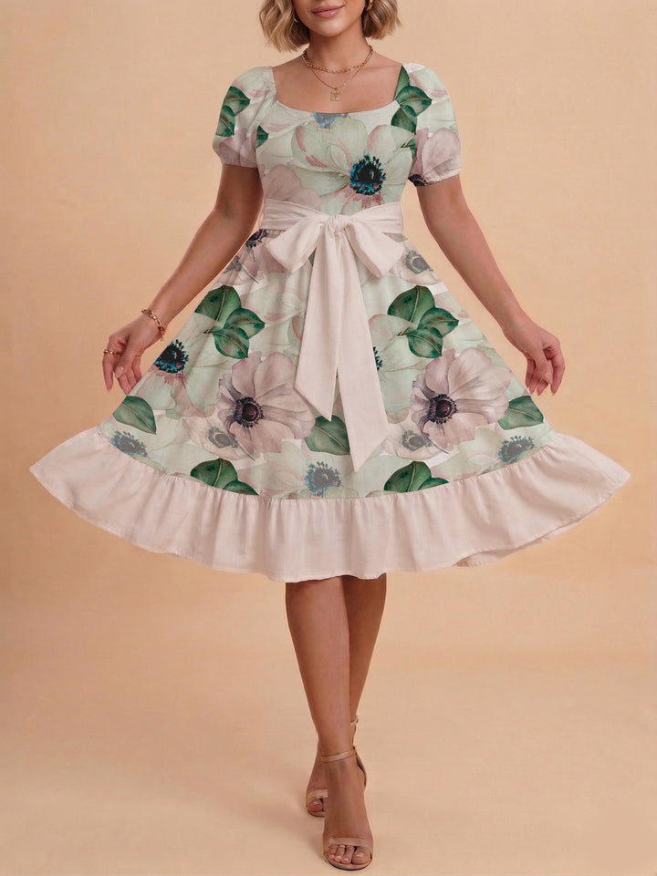 Damen Blumenkleid mit taillierbarem Gürtel und voluminösen Ärmeln Drune