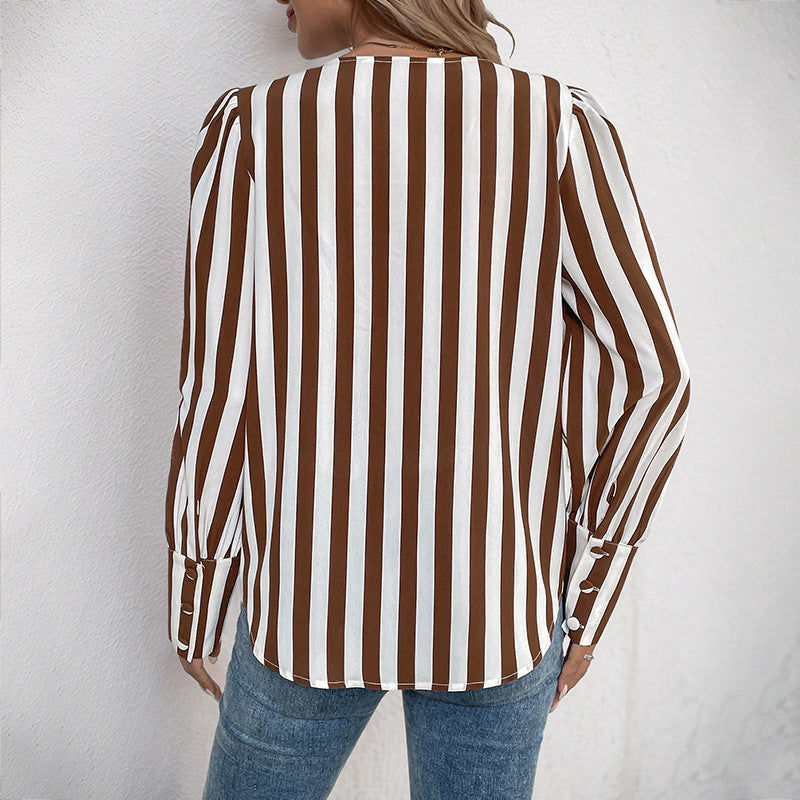 Damen gestreifte Bluse mit eleganten Puffärmeln und Schaltknöpfen Drune