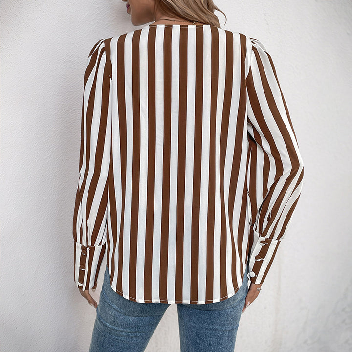 Damen gestreifte Bluse mit eleganten Puffärmeln und Schaltknöpfen Drune