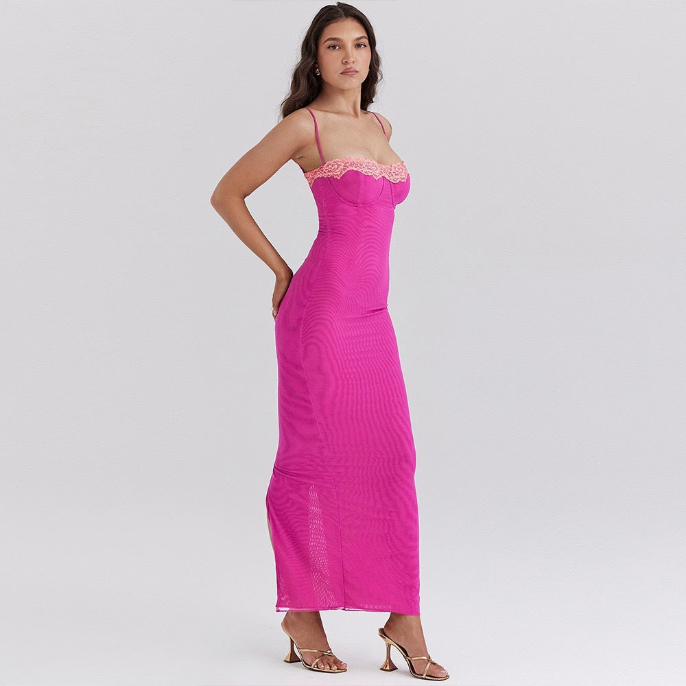 Damen Figurbetontes Maxikleid mit Spitze und raffiniertem Ausschnitt Drune