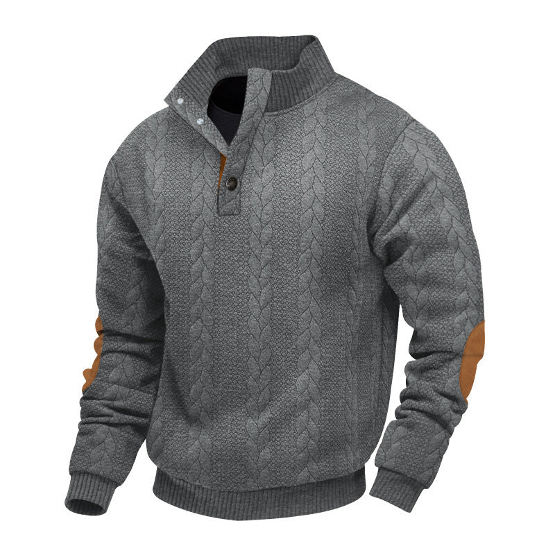 Herren nan Zopfmuster-Halbknopf-Pullover mit hohem Stehkragen und Wildleder-Ellbogenpatches Drune