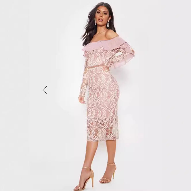 Damen Off-Shoulder Spitzenkleid mit Rüschendetails und figurbetontem Schnitt Drune