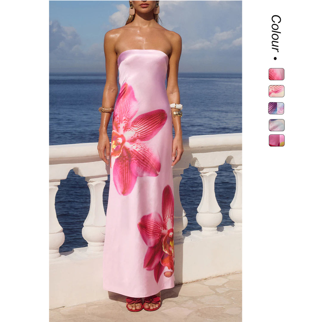 Damen Strapless Maxikleid mit floralem Druck und fließendem Stoff Drune