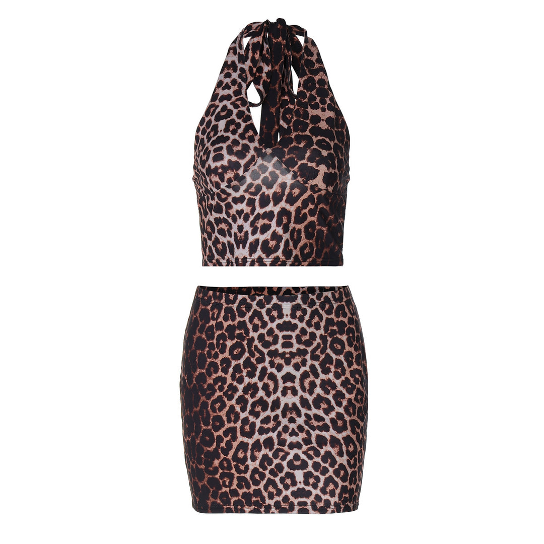 Damen Leo-Muster Crop Top und Minirock Set Drune