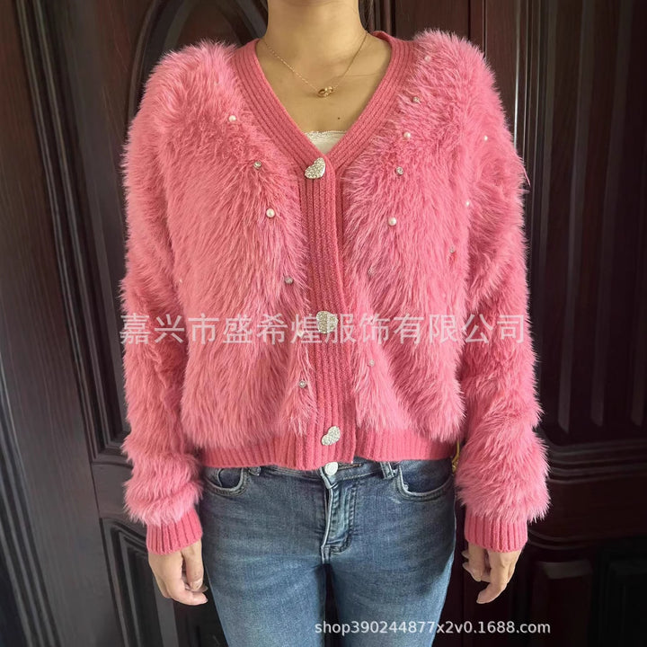 Damen Flauschige Strickjacke mit funkelnden Details und modernem Schnitt Drune