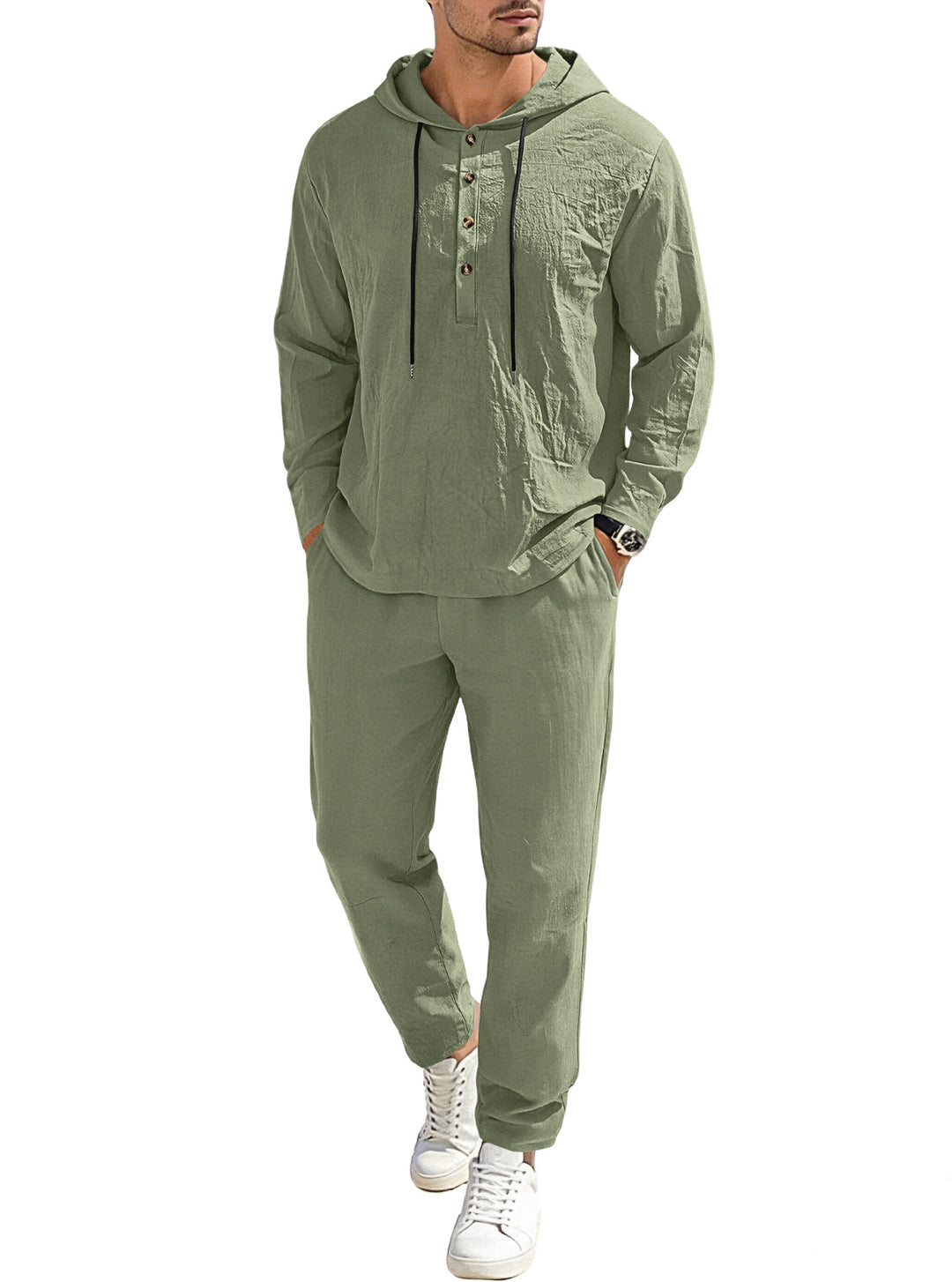 Herren nan entspannter Kapuzen-Henley Freizeitanzug aus leichter Baumwollmischung in Leinenoptik mit Kordelzug und elastischer Bundhose Drune