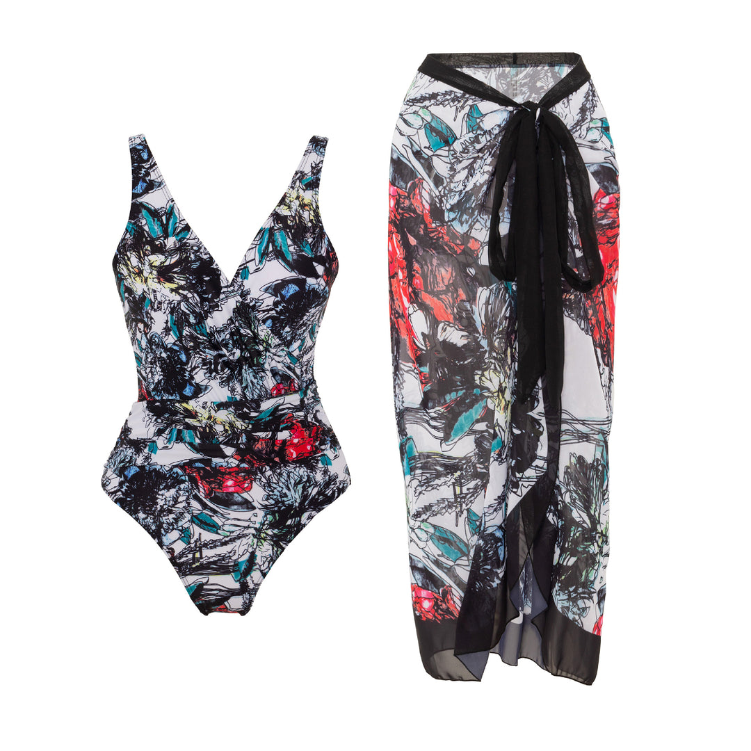 Damen Badeanzug mit floralem Wickelrock und femininem Design Drune