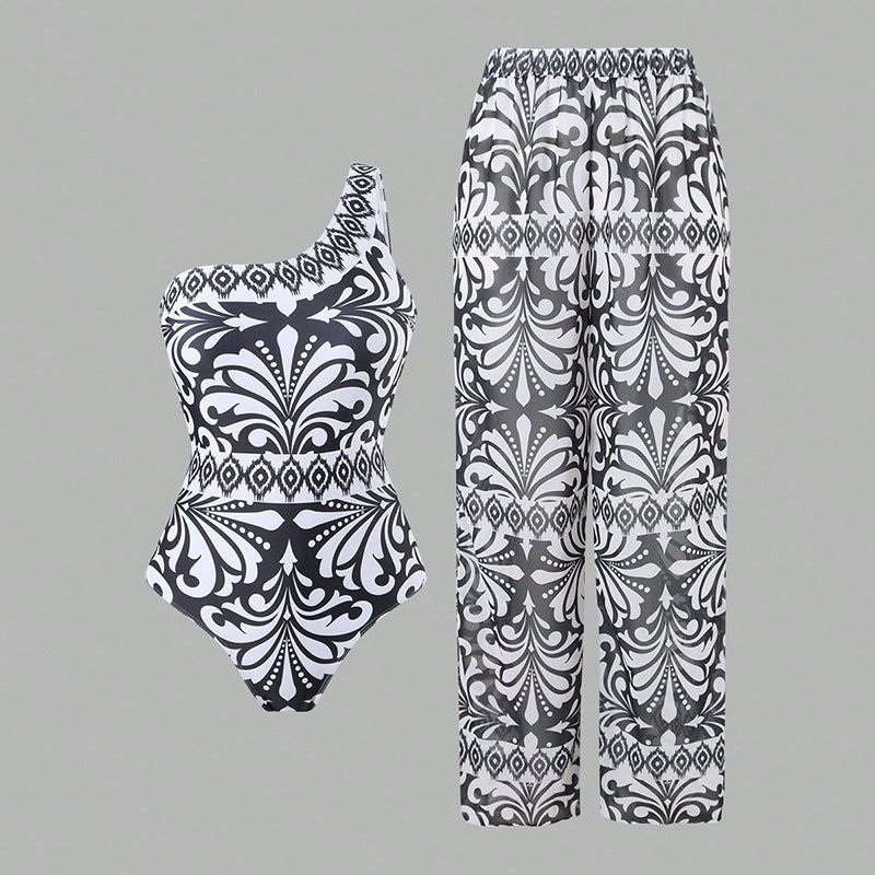 Damen einteiliger Badeanzug mit farbenfrohem Druck und passender Palazzo-Hose Drune