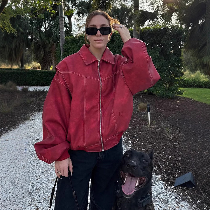 Damen Kunstlederjacke mit voluminösen Ärmeln und hohem Kragen Drune