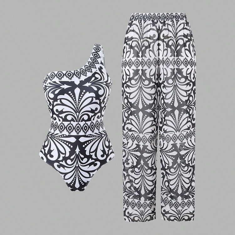 Damen Einteiler Badeanzug mit elegantem asymmetrischen Design und passender Hose Drune