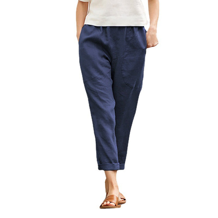 Damen nan leichte Leinenhose mit elastischem Bund, seitlichen Eingrifftaschen und gekrempeltem Saum Drune