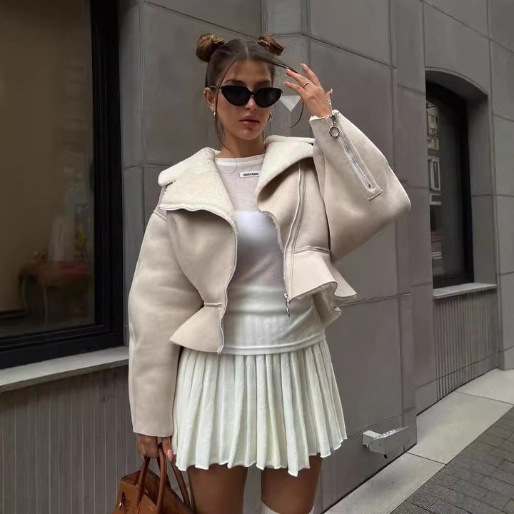 Damen trendige Kurzjacke mit flauschigem Innenfutter und Reißverschluss Drune