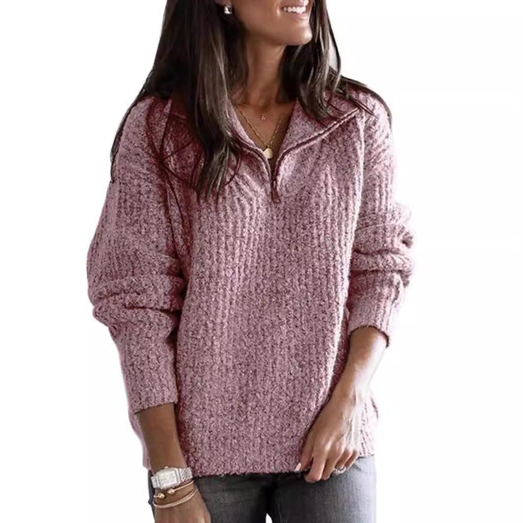 Damen nan weicher Strukturstrickpullover mit halbem Reißverschluss und Troyerkragen Drune