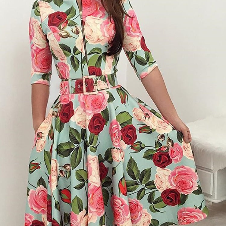 Damen Midikleid mit floralem Druck und Taillengürtel Drune