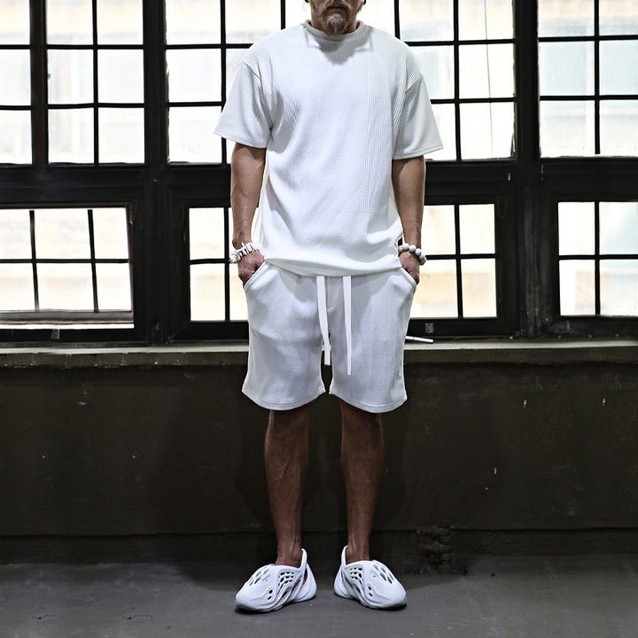 Herren nan lässiges Waffeljersey-Set mit weitem Oberteil und Tunnelzug-Shorts Drune
