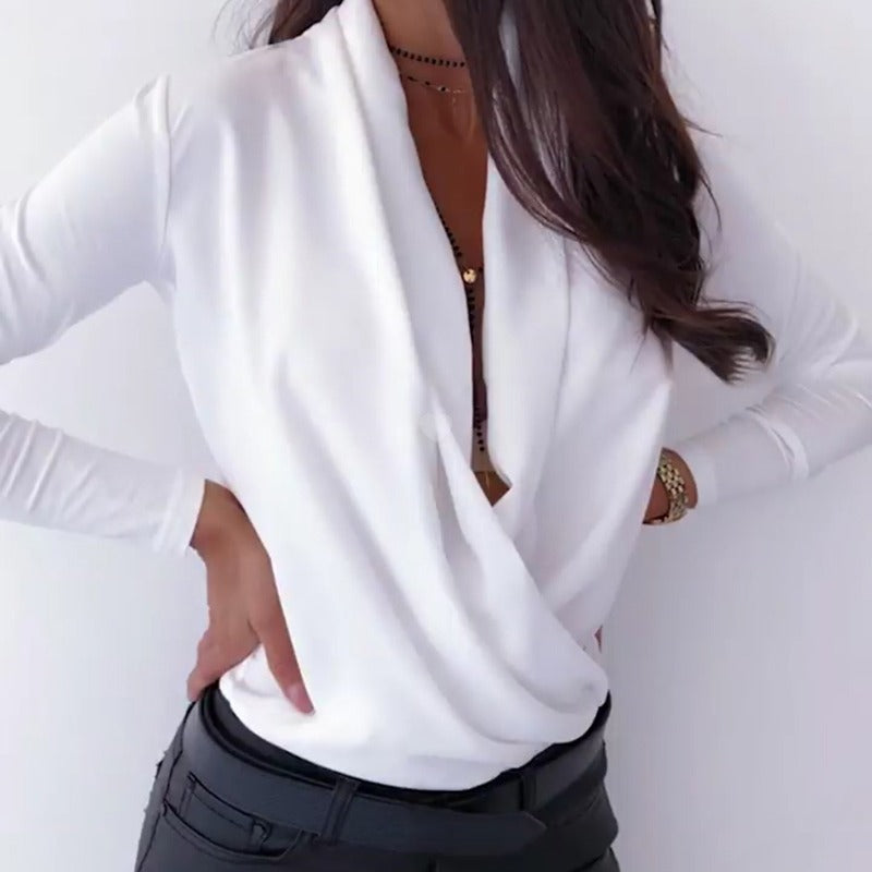 Damen Wickelbluse mit tiefem V-Ausschnitt und eleganten langen Ärmeln Drune
