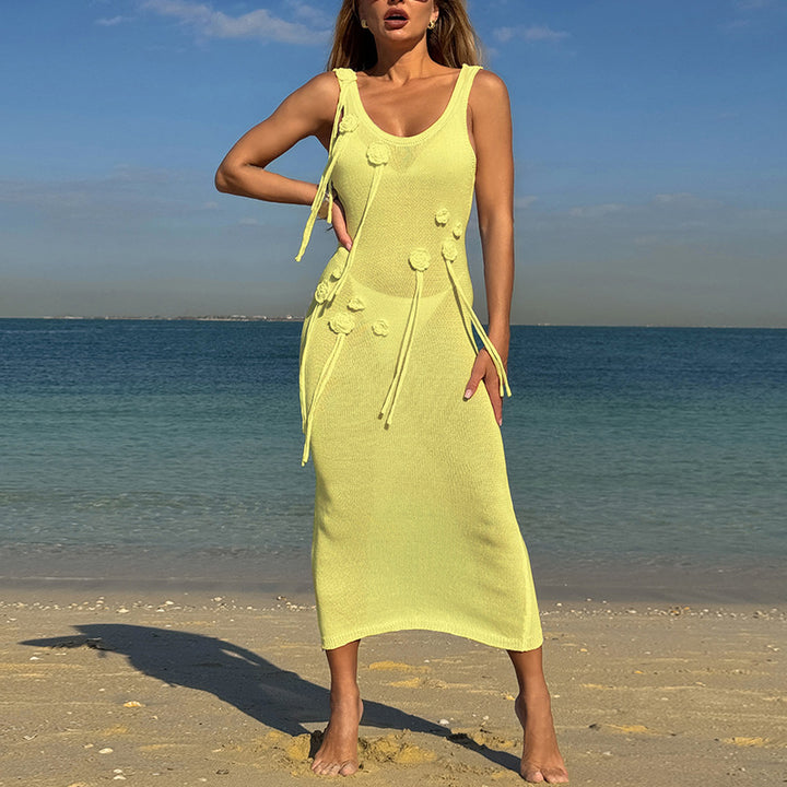 Damen Elegantes Strickkleid mit Blumenapplikationen und seitlichem Bindegürtel Drune