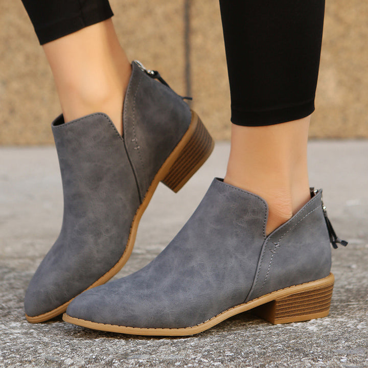 Damen nan spitze Ankleboots mit niedrigem Holzblockabsatz, V‑Cut Seitenöffnung und rückseitigem Reißverschluss Drune