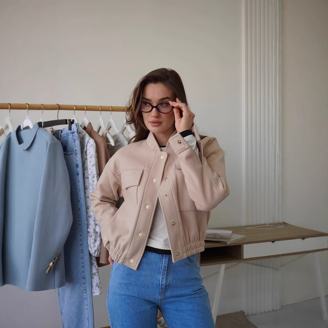 Damen modische Kurzjacke mit praktischen Taschen und coolem Kragen Drune