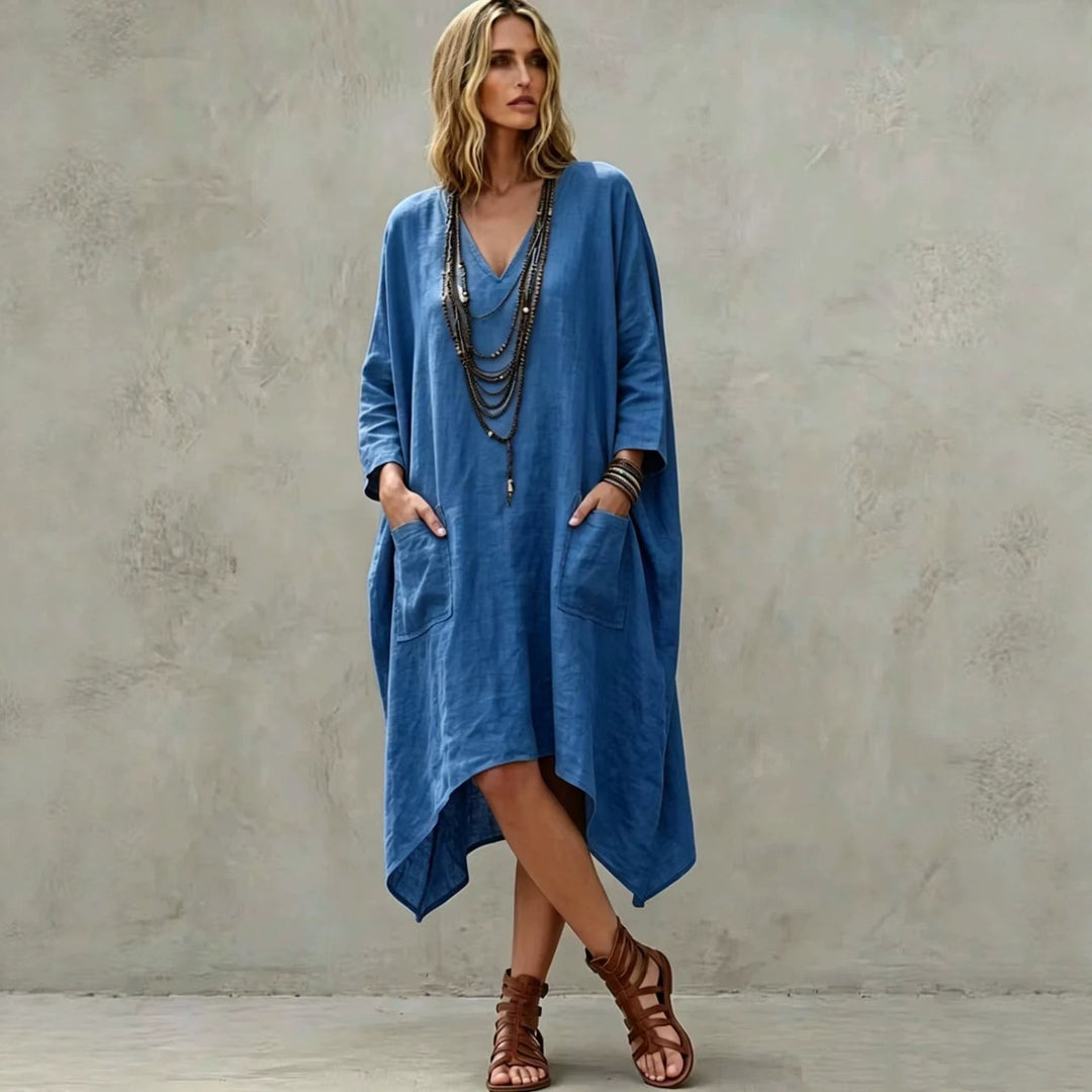 Damen nan Oversize Kaftankleid mit V-Ausschnitt, Eingrifftaschen und asymmetrischem Saum Drune