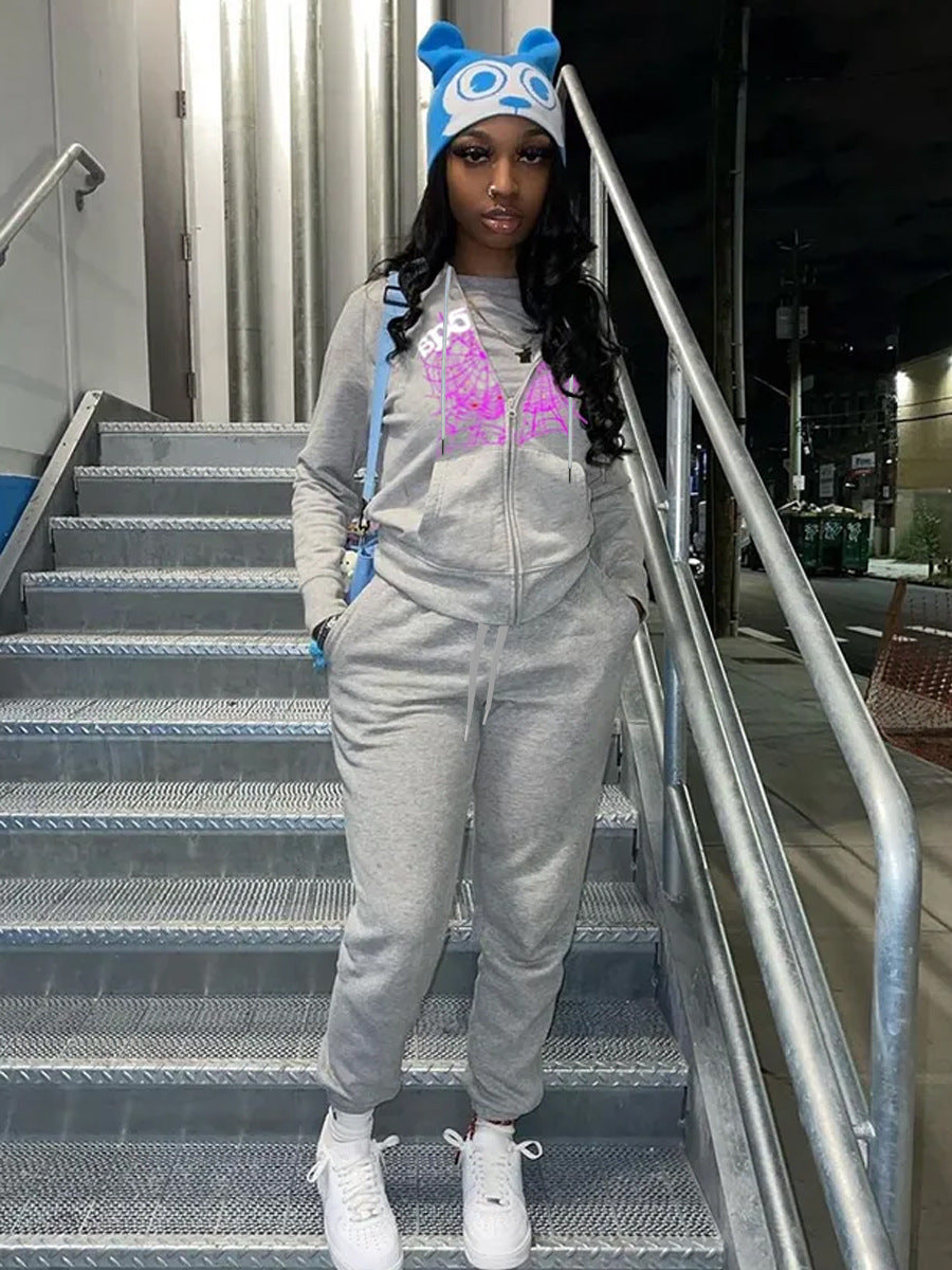 Damen Kapuzenjacke und Jogginghose Set mit einzigartigem Spinnennetzdesign Drune