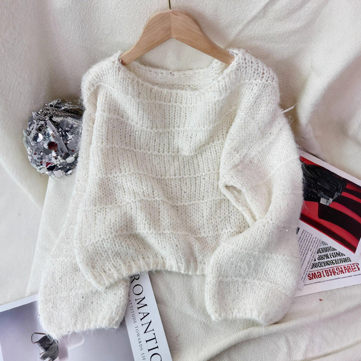 Damen modischer Grobstrickpullover mit lässigem Schnitt und Ballonärmeln Drune
