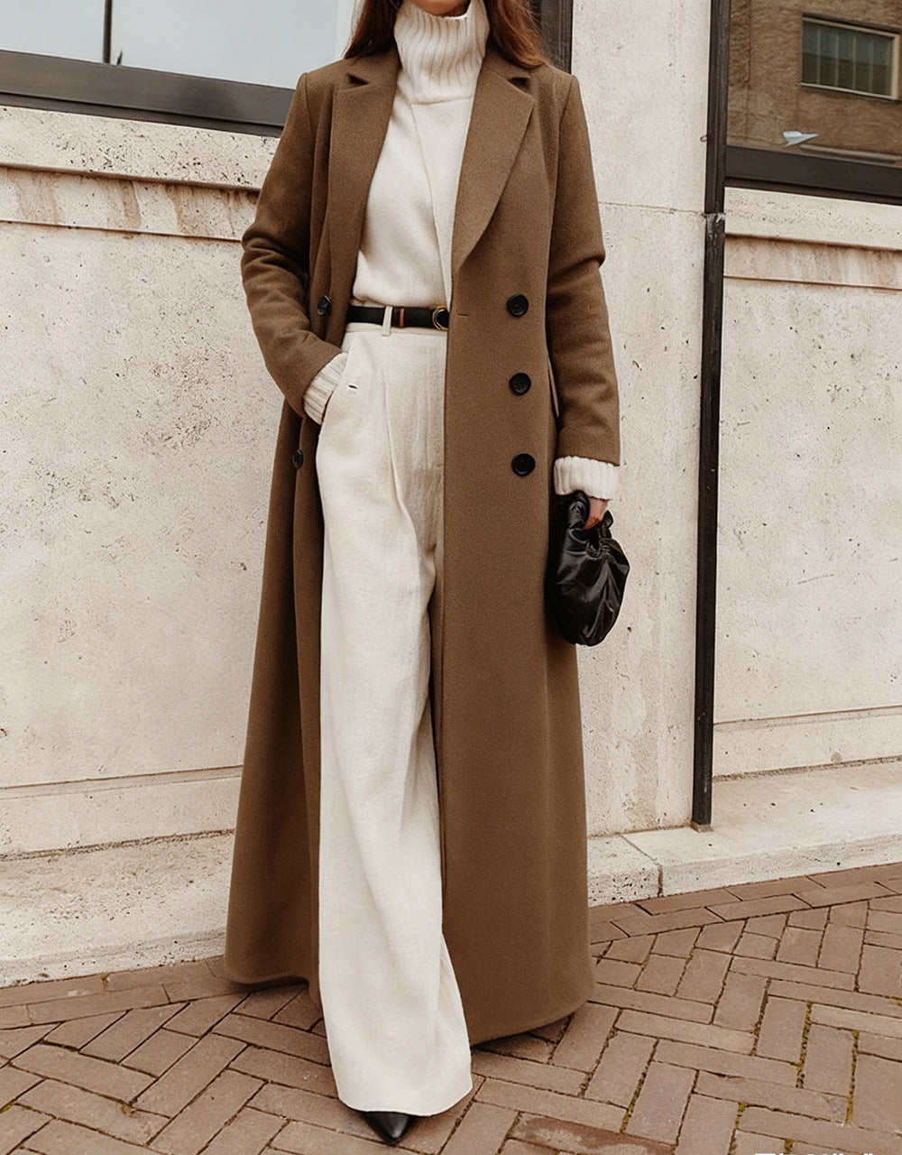 Damen Eleganter Wollmantel mit doppelter Knopfleiste und tiefen Taschen Drune
