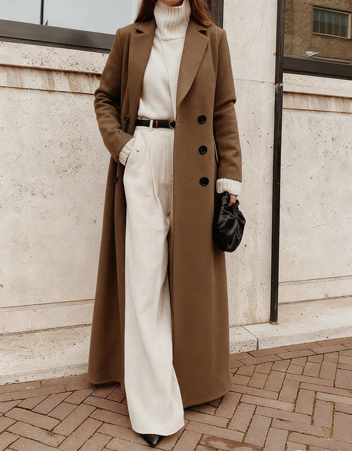 Damen Eleganter Wollmantel mit doppelter Knopfleiste und tiefen Taschen Drune