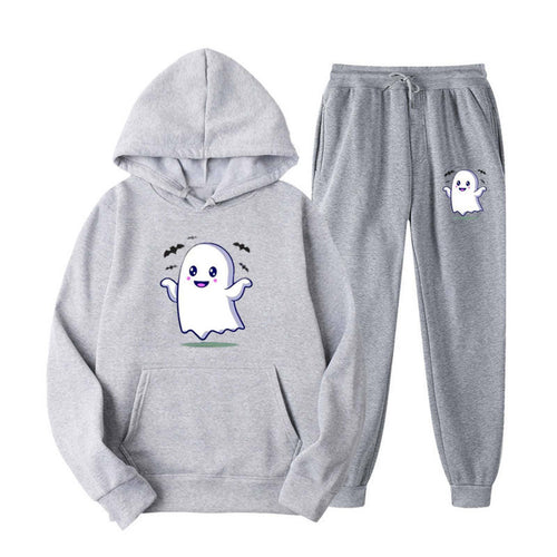 Unisex nan kuscheliger Kapuzenpullover und Jogginghose Set mit Halloween-Geistprint Drune