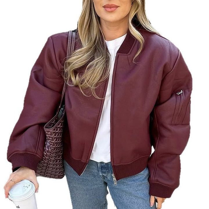 Damen Lässige Lederjacke mit voluminösen Ärmeln und Reißverschluss Drune