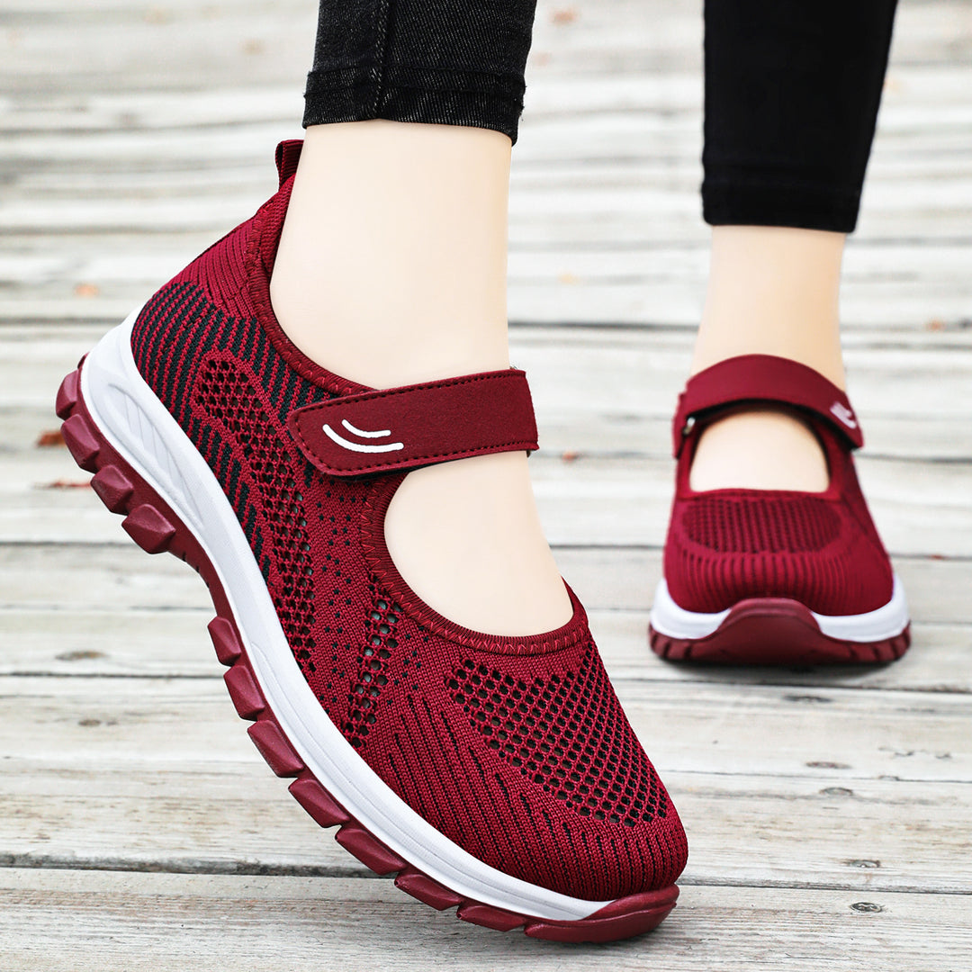 Damen nan atmungsaktive Strick-Mary-Jane-Sneaker mit Klettverschluss, perforiertem Obermaterial und stoßdämpfender EVA-Zwischensohle Drune
