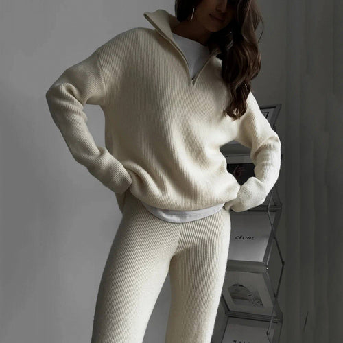 Damen nan geripptes Strick-Lounge-Set mit Halbzip-Pullover und hochgeschnittener Leggings Drune