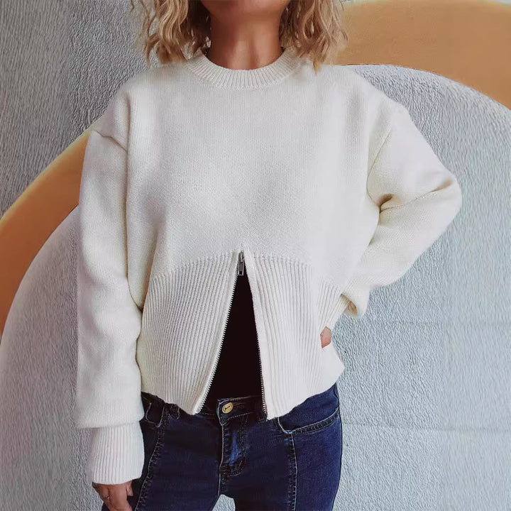 Damen modischer Pullover mit strukturiertem Reißverschluss und lockerer Passform Drune