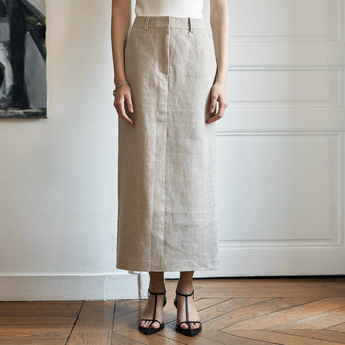 Damen Leinen Maxi-Rock mit hoher Taille und eleganten Bügelfalten Drune