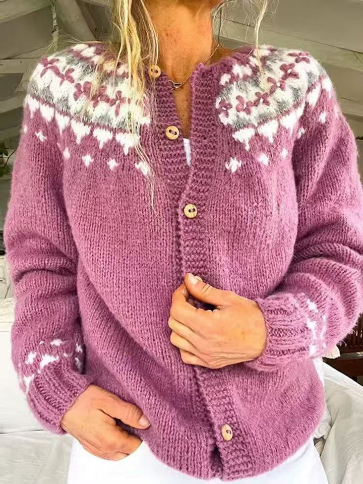 Damen nan gemusterte Strickjacke mit Rundpasse, Holzknöpfen und Eingrifftaschen Drune