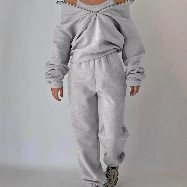Damen lässiger Oversized-Hoodie und Jogginghose Set mit praktischem Reißverschluss Drune