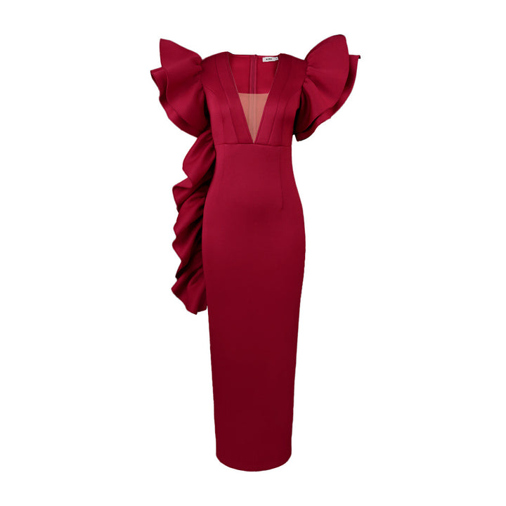 Damen figurumspielendes Abendkleid mit voluminösen Rüschenärmeln Drune