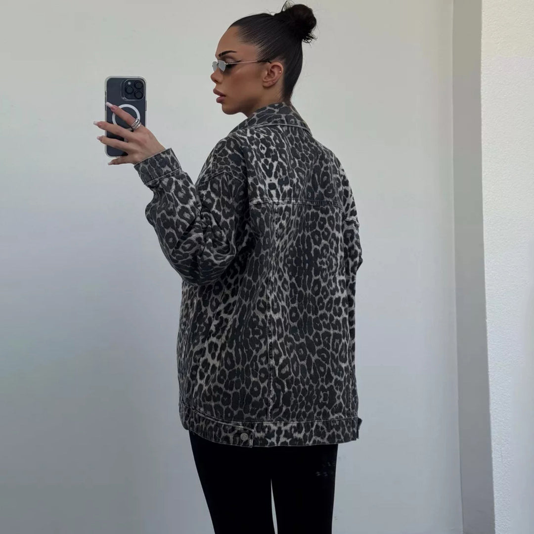 Damen Trendige Oversized Jeansjacke mit Leopardenmuster Drune