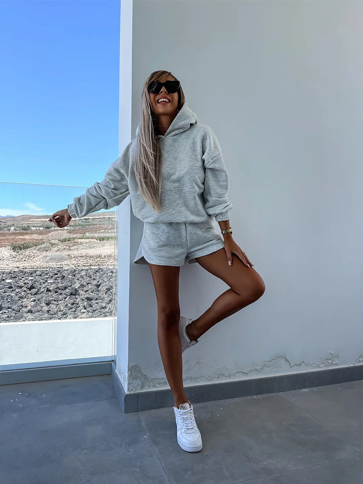 Damen lässiges Kapuzenoberteil und Shorts-Set Drune